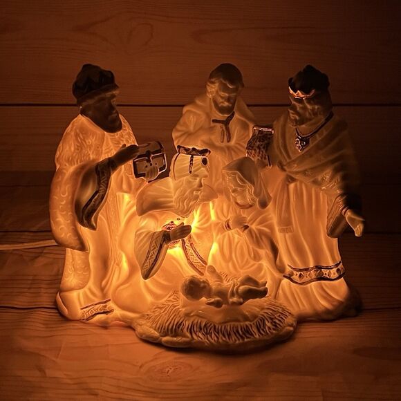 VTG Enesco Porcelain Nativity Scene Light Lamp White/Gold Christmas Holy Family - Picture 2 of 12